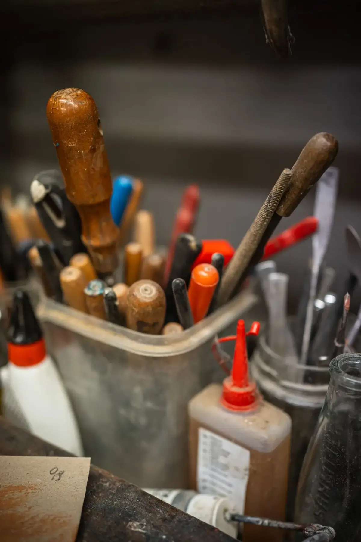 Locksmith key machine and tools on the workbench
